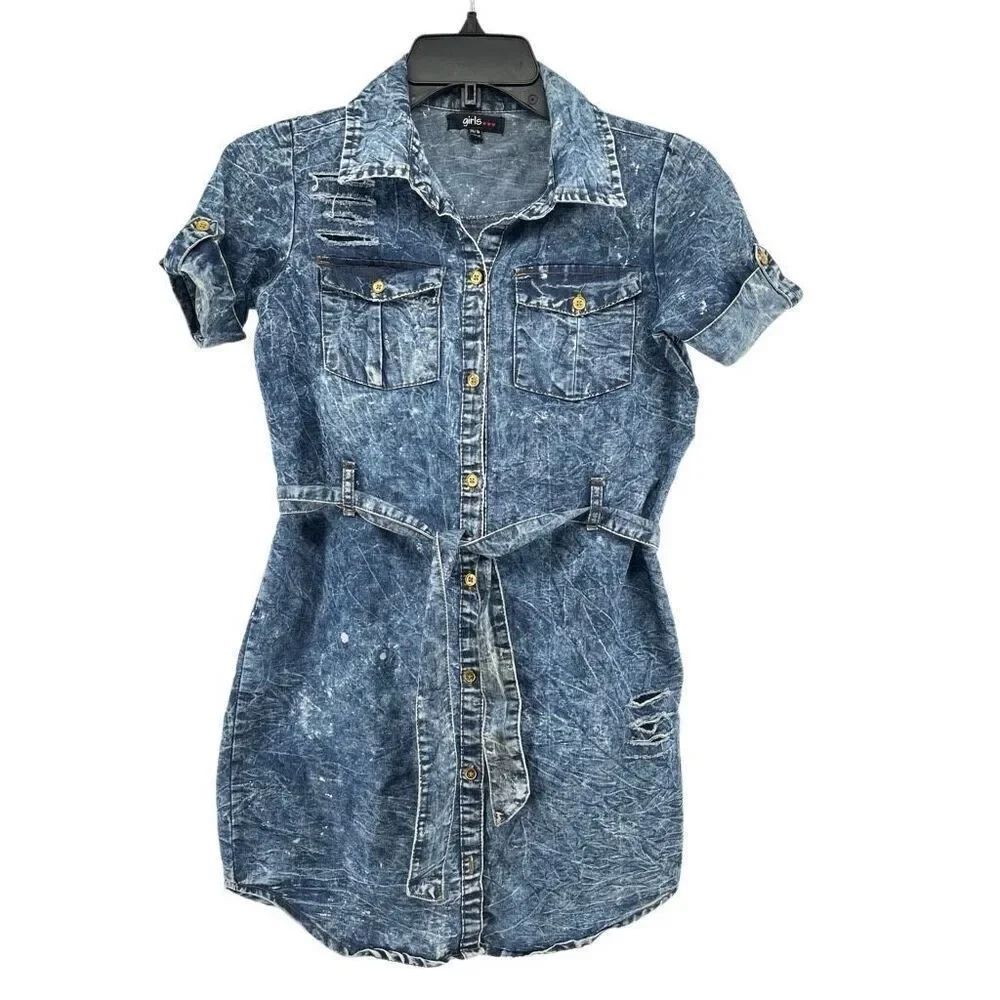 Girls Blue Acid Wash Distressed Button Front Belted Denim Shirt Dress Size 14/16